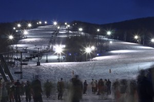 Skiing Mount Norquay at night in the Canadian Rockies' Banff National Park.