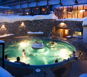 The outdoor hot tub at Sunshine Mountain Lodge, Sunshine Village, in the Canadian Rockies Banff National Park.