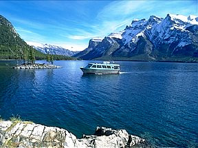 Boating on Lake Minnewanka in Banff National Park.