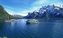 Boating on Lake Minnewanka in the Canadian Rockies' Banff National Park.
