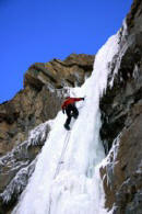 Ice climbing a waterfall in Banff National Park in the Canadian Rockies.